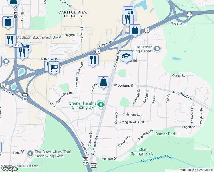 map of restaurants, bars, coffee shops, grocery stores, and more near 2524 Rimrock Road in Madison