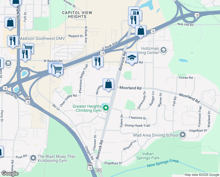 map of restaurants, bars, coffee shops, grocery stores, and more near 2524 Rimrock Road in Madison