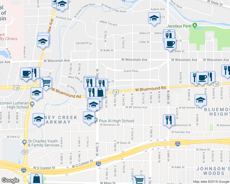 map of restaurants, bars, coffee shops, grocery stores, and more near in Wauwatosa