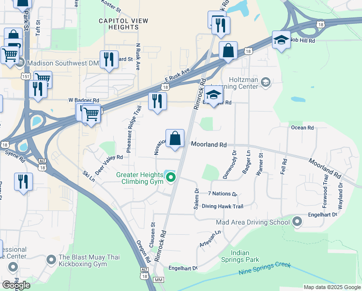 map of restaurants, bars, coffee shops, grocery stores, and more near 2500 Rimrock Road in Madison