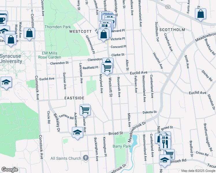 map of restaurants, bars, coffee shops, grocery stores, and more near 916 Westcott Street in Syracuse