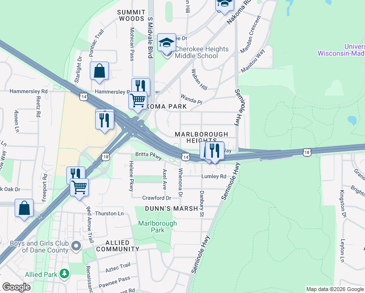 map of restaurants, bars, coffee shops, grocery stores, and more near 4260 Warwick Way in Madison