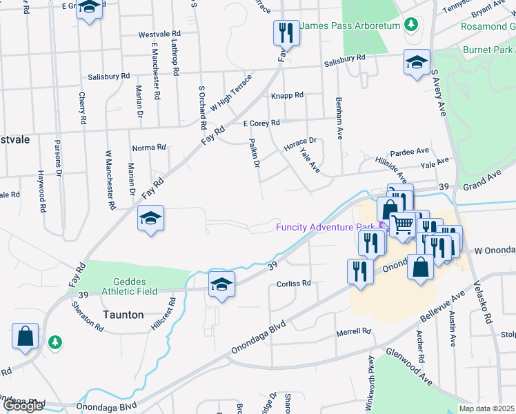 map of restaurants, bars, coffee shops, grocery stores, and more near 312 Paikin Drive in Syracuse
