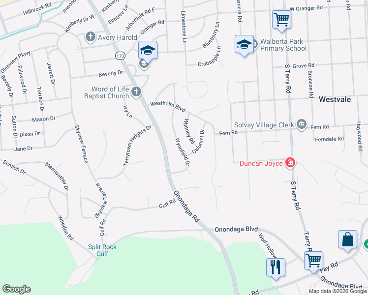 map of restaurants, bars, coffee shops, grocery stores, and more near 121 Calumet Drive in Syracuse
