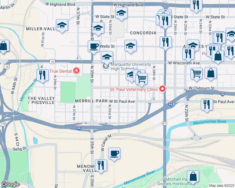 map of restaurants, bars, coffee shops, grocery stores, and more near 431 North 32nd Street in Milwaukee