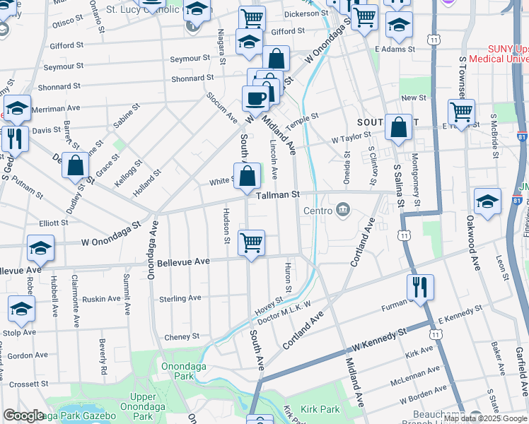 map of restaurants, bars, coffee shops, grocery stores, and more near 100 Daisy Street in Syracuse