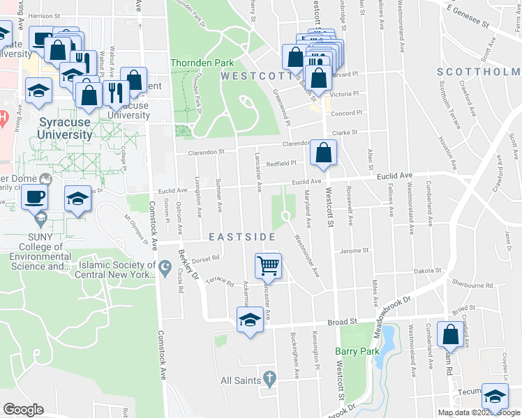 map of restaurants, bars, coffee shops, grocery stores, and more near 834 Lancaster Avenue in Syracuse