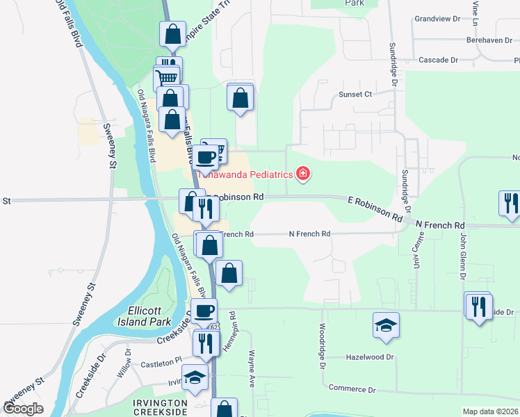 map of restaurants, bars, coffee shops, grocery stores, and more near 150 North French Road in Buffalo
