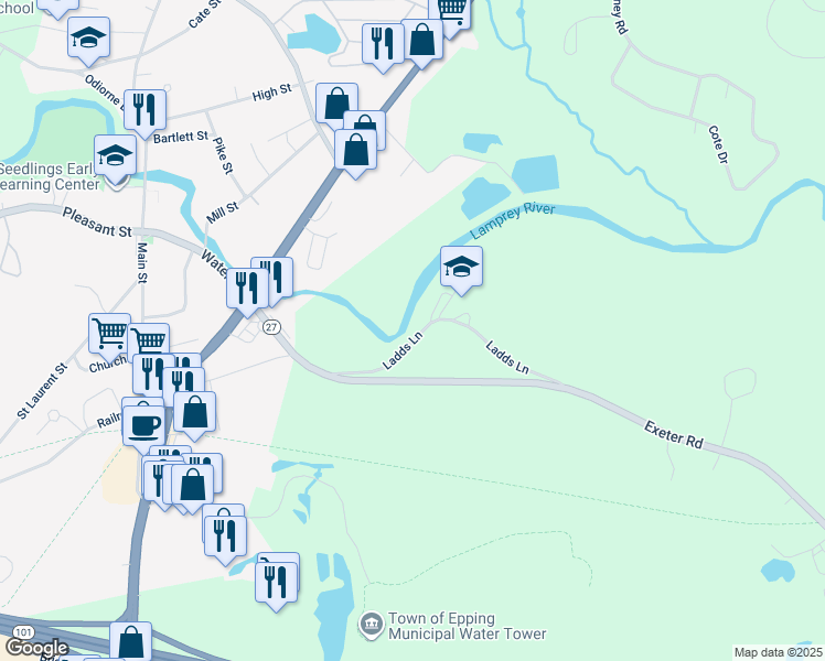 map of restaurants, bars, coffee shops, grocery stores, and more near 28 Ladds Lane in Epping