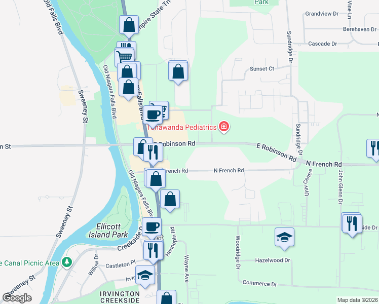 map of restaurants, bars, coffee shops, grocery stores, and more near 150 North French Road in Buffalo