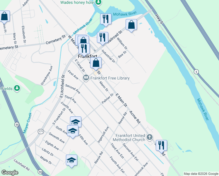 map of restaurants, bars, coffee shops, grocery stores, and more near 250 East Main Street in Frankfort
