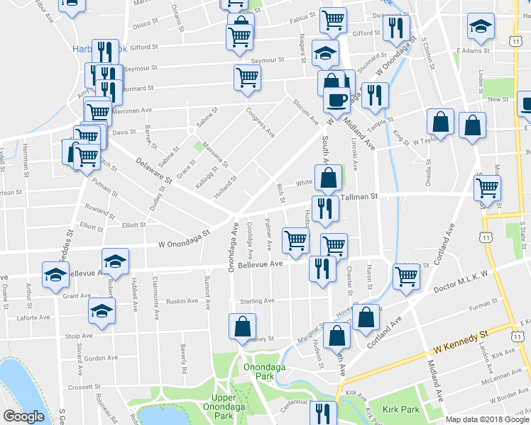 map of restaurants, bars, coffee shops, grocery stores, and more near 100 Palmer Avenue in Syracuse