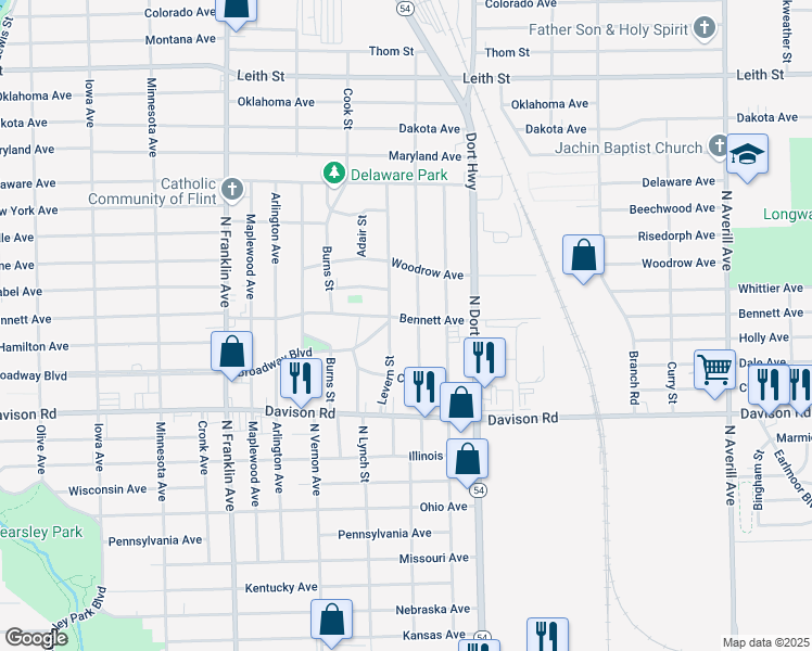 map of restaurants, bars, coffee shops, grocery stores, and more near 2514 Bennett Avenue in Flint