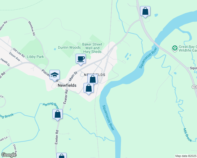 map of restaurants, bars, coffee shops, grocery stores, and more near 34 Railroad Avenue in Newfields