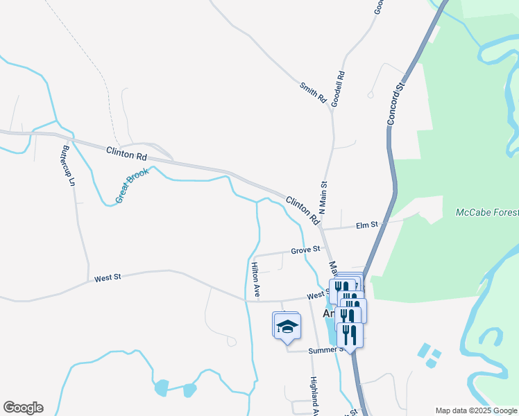map of restaurants, bars, coffee shops, grocery stores, and more near 21 Grove Street in Antrim