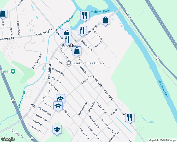 map of restaurants, bars, coffee shops, grocery stores, and more near 258 Mann Street in Frankfort