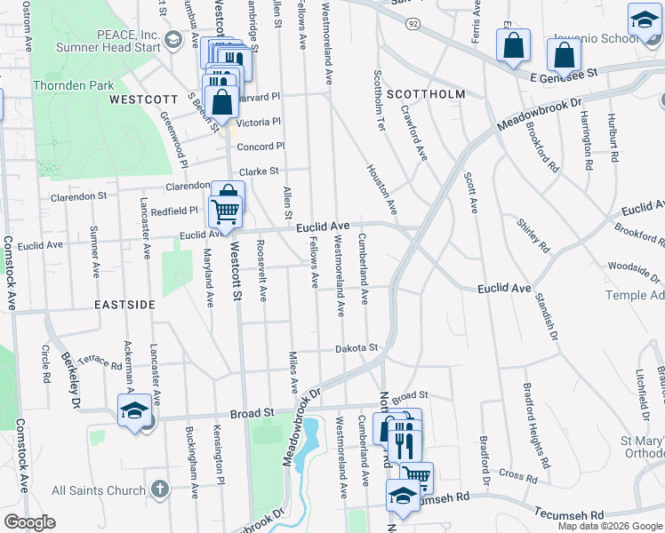 map of restaurants, bars, coffee shops, grocery stores, and more near 523 Fellows Avenue in Syracuse