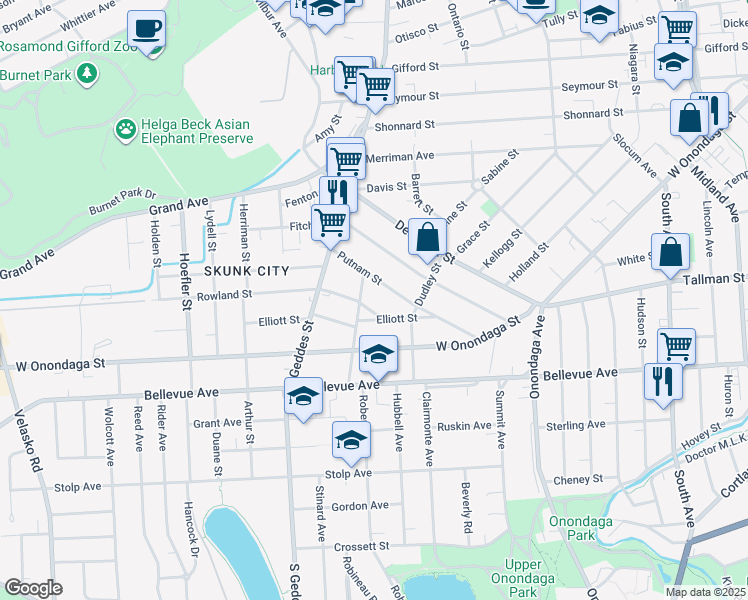 map of restaurants, bars, coffee shops, grocery stores, and more near 219 Elliott Street in Syracuse