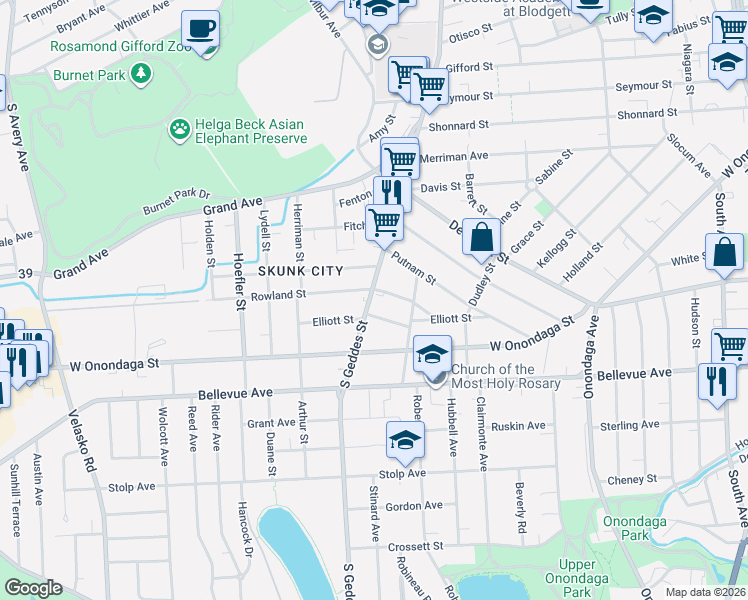 map of restaurants, bars, coffee shops, grocery stores, and more near 1216 South Geddes Street in Syracuse