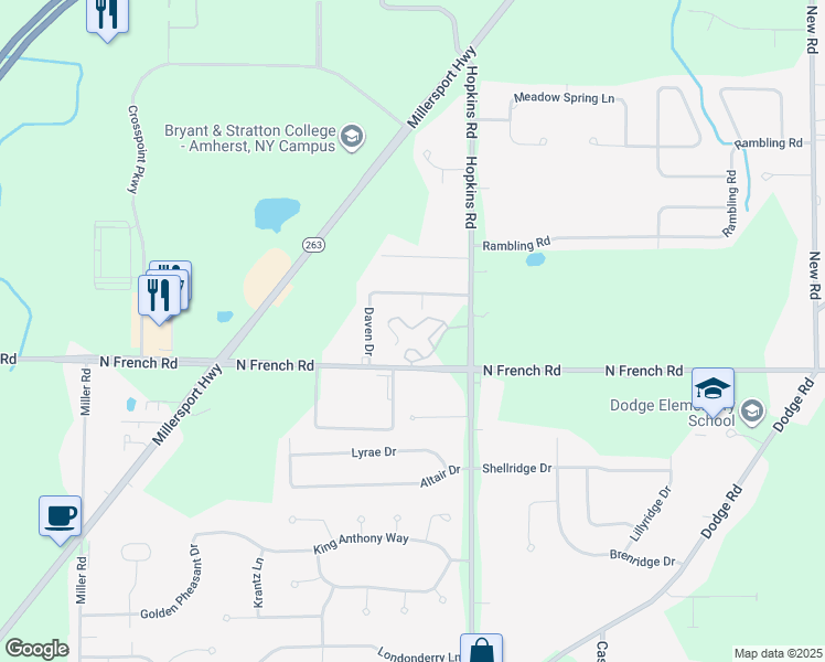 map of restaurants, bars, coffee shops, grocery stores, and more near 2250 North French Road in Getzville