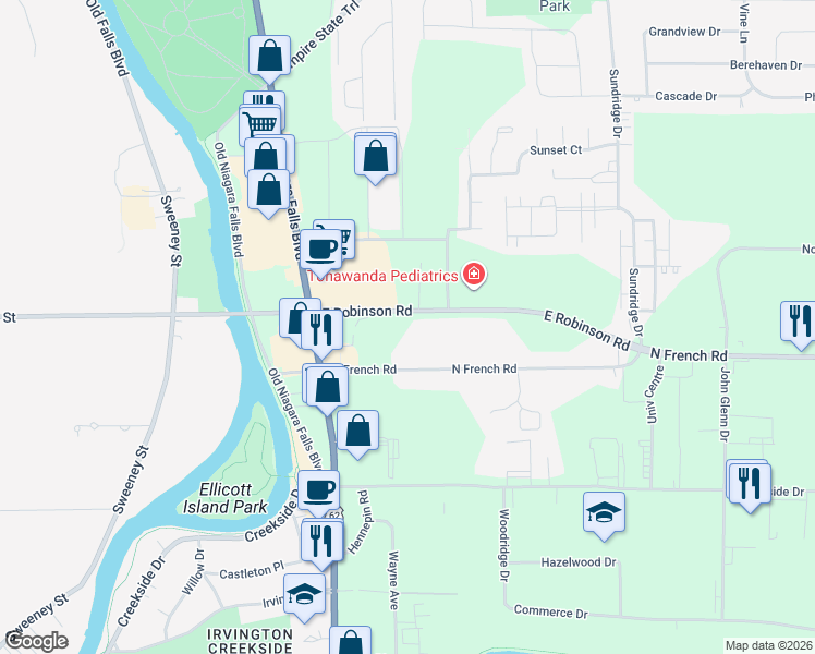 map of restaurants, bars, coffee shops, grocery stores, and more near 150 North French Road in Buffalo