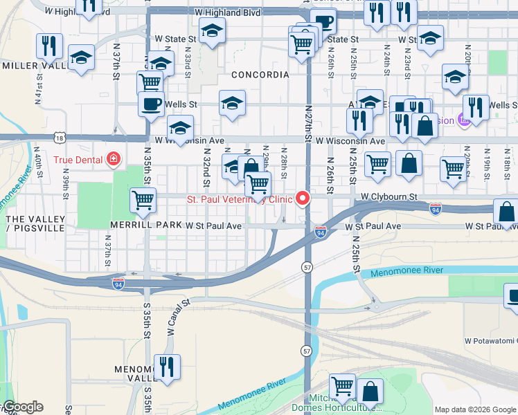 map of restaurants, bars, coffee shops, grocery stores, and more near in Milwaukee