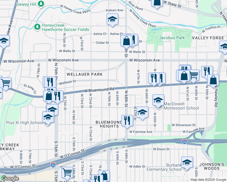 map of restaurants, bars, coffee shops, grocery stores, and more near 409 North 69th Street in Wauwatosa