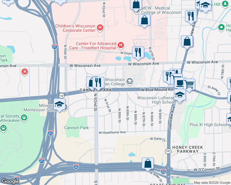 map of restaurants, bars, coffee shops, grocery stores, and more near 9000 West Mount Vernon Avenue in Milwaukee
