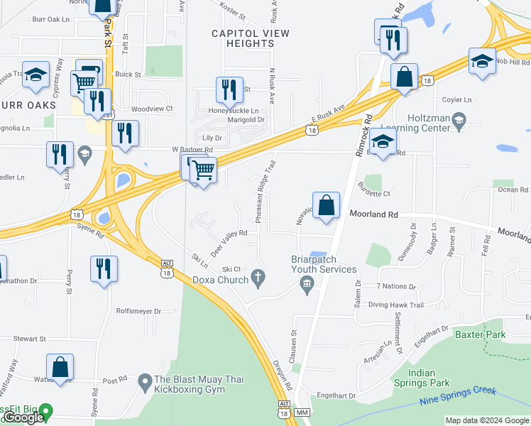 map of restaurants, bars, coffee shops, grocery stores, and more near 2617 Pheasant Ridge Trail in Madison