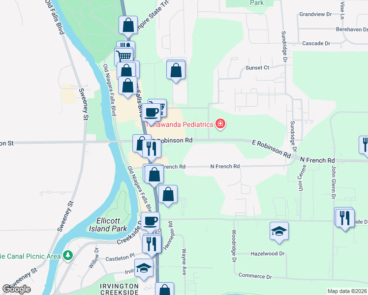 map of restaurants, bars, coffee shops, grocery stores, and more near 100 North French Road in Buffalo
