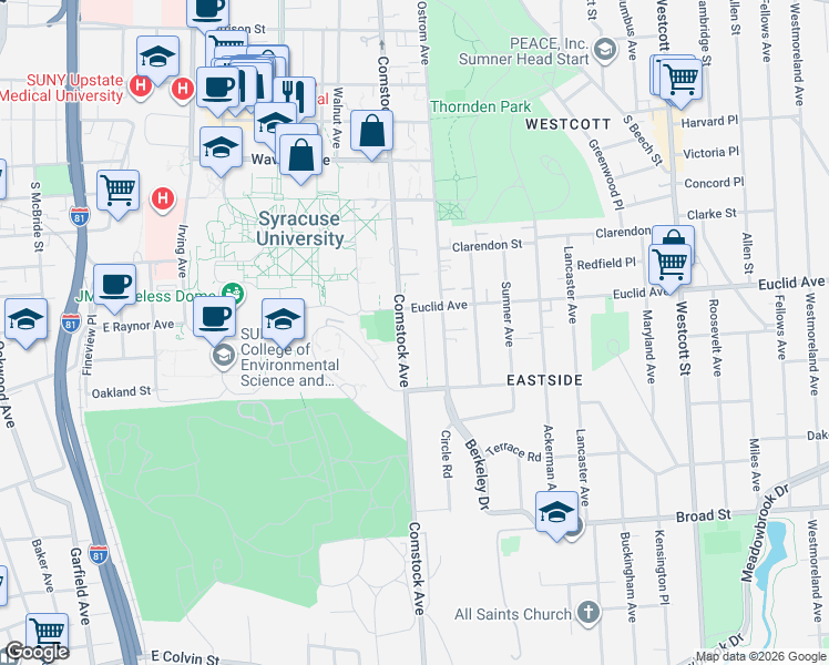 map of restaurants, bars, coffee shops, grocery stores, and more near 807 Comstock Avenue in Syracuse