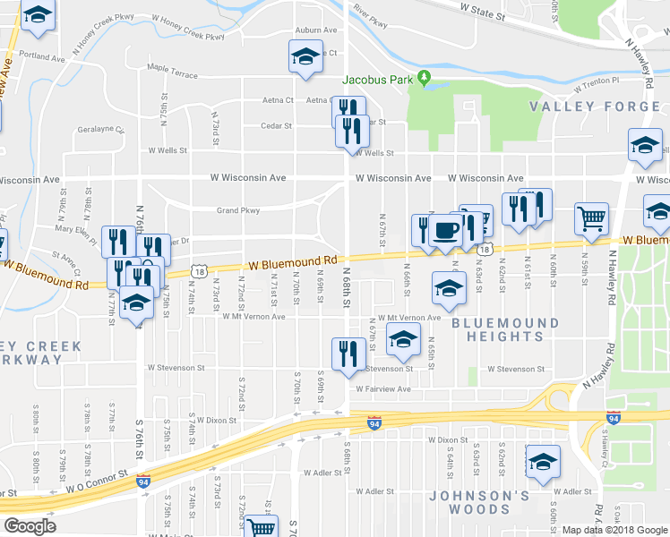 map of restaurants, bars, coffee shops, grocery stores, and more near 6817 West Bluemound Road in Wauwatosa