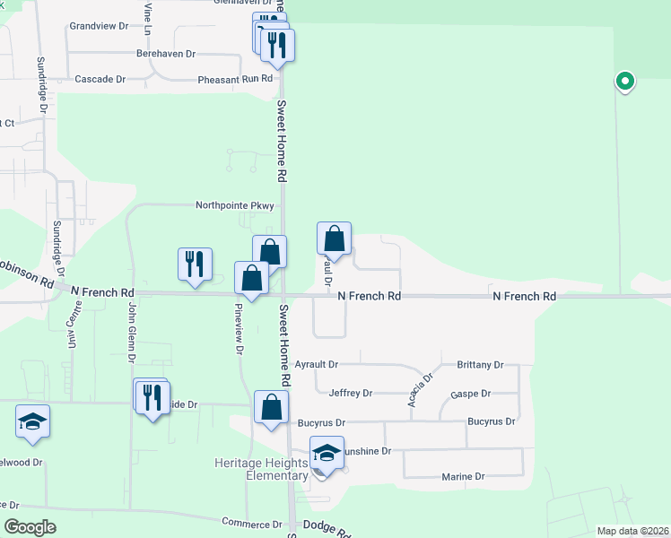 map of restaurants, bars, coffee shops, grocery stores, and more near 768 North French Road in Buffalo