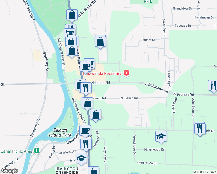 map of restaurants, bars, coffee shops, grocery stores, and more near 150 North French Road in Buffalo
