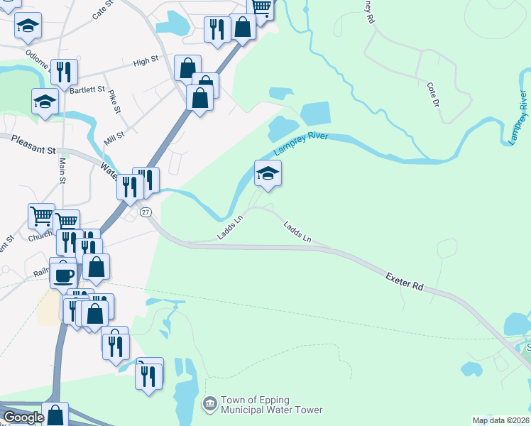 map of restaurants, bars, coffee shops, grocery stores, and more near 35 Ladds Lane in Epping