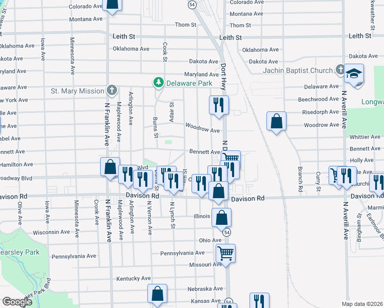 map of restaurants, bars, coffee shops, grocery stores, and more near 2514 Bennett Avenue in Flint
