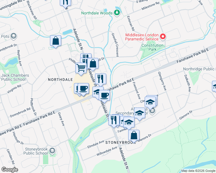map of restaurants, bars, coffee shops, grocery stores, and more near 1188 Fanshawe Park Road East in London