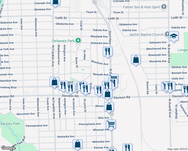 map of restaurants, bars, coffee shops, grocery stores, and more near 2510 Bennett Avenue in Flint