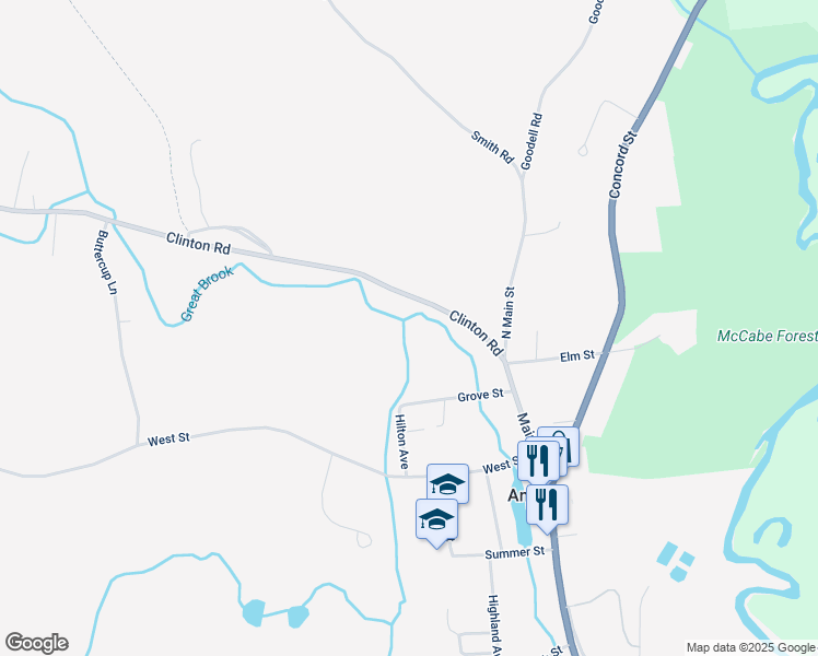 map of restaurants, bars, coffee shops, grocery stores, and more near 21 Grove Street in Antrim