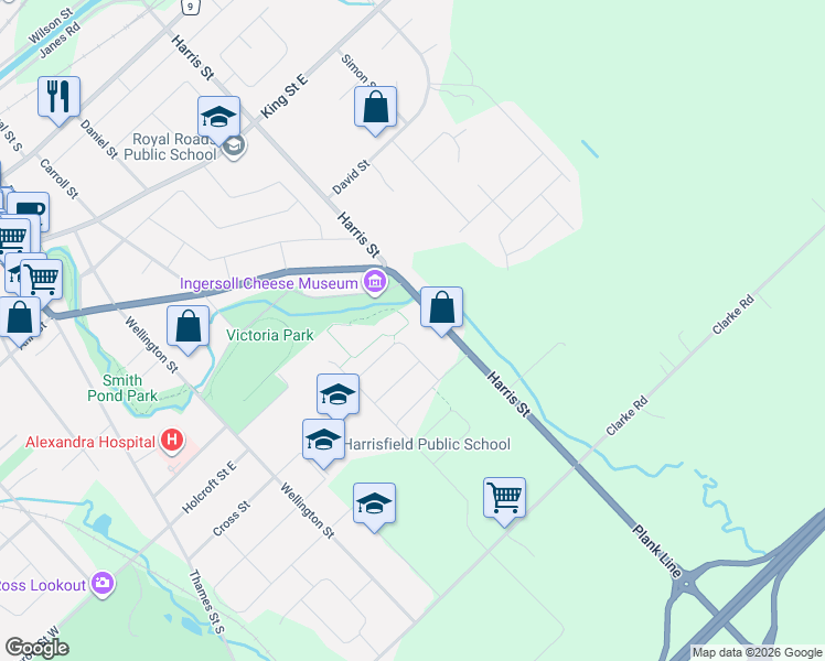 map of restaurants, bars, coffee shops, grocery stores, and more near 35 Chatfield Street in Ingersoll