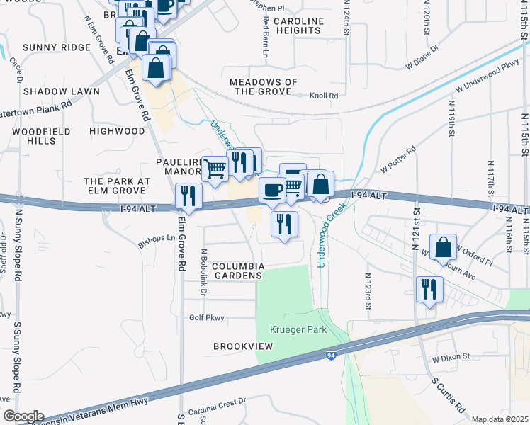 map of restaurants, bars, coffee shops, grocery stores, and more near 12805 West Bluemound Road in Brookfield