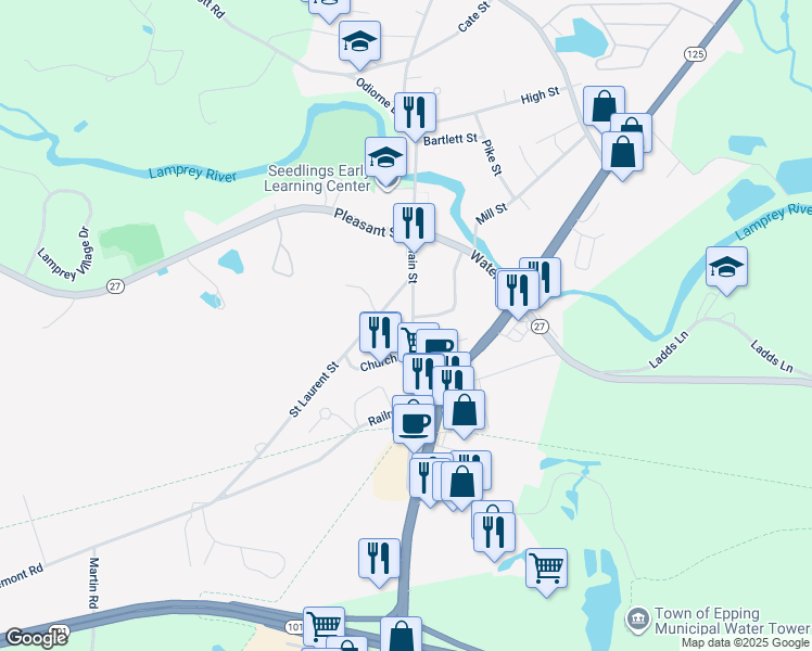 map of restaurants, bars, coffee shops, grocery stores, and more near 96 Main Street in Epping