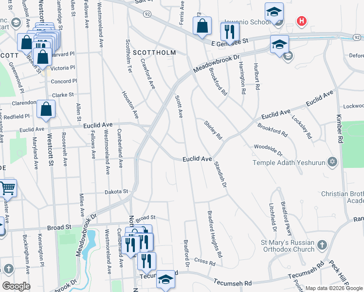 map of restaurants, bars, coffee shops, grocery stores, and more near 410 Scott Avenue in Syracuse
