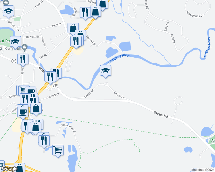 map of restaurants, bars, coffee shops, grocery stores, and more near 41 Ladds Lane in Epping