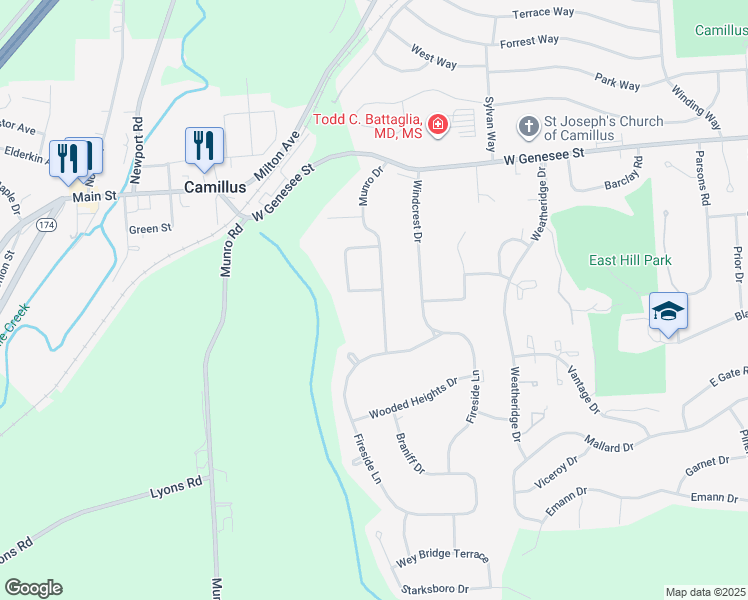 map of restaurants, bars, coffee shops, grocery stores, and more near 119 Munro Drive in Camillus