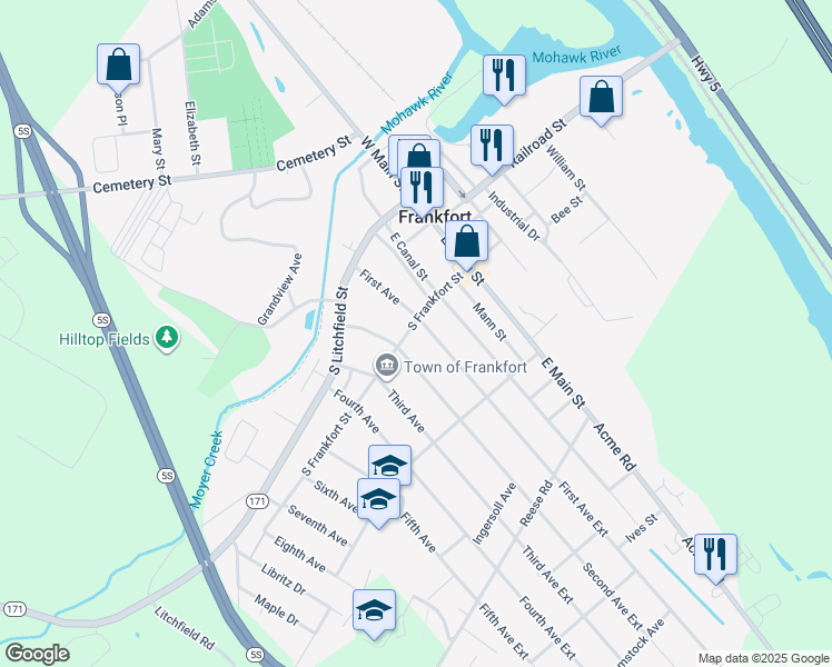 map of restaurants, bars, coffee shops, grocery stores, and more near 205 South Frankfort Street in Frankfort