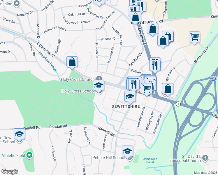 map of restaurants, bars, coffee shops, grocery stores, and more near 107 Paddock Drive in Syracuse