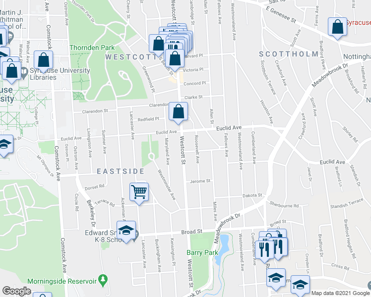 map of restaurants, bars, coffee shops, grocery stores, and more near 916 Westcott Street in Syracuse