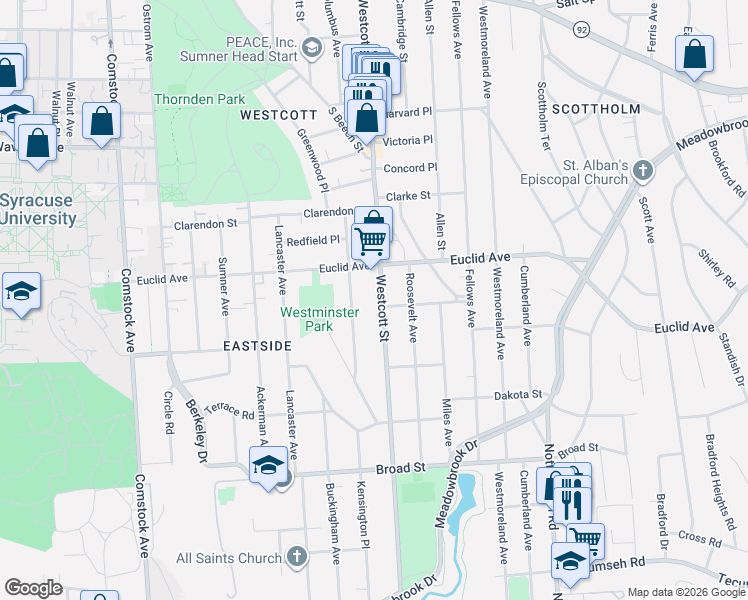 map of restaurants, bars, coffee shops, grocery stores, and more near 916 Westcott Street in Syracuse