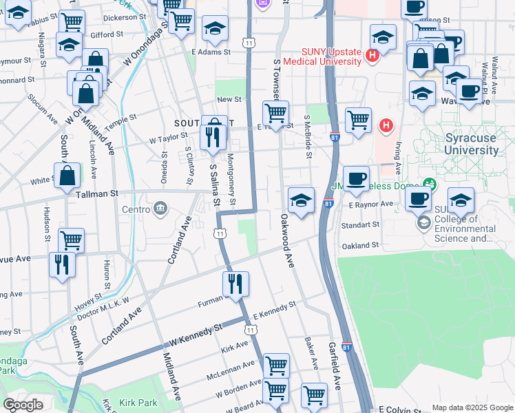 map of restaurants, bars, coffee shops, grocery stores, and more near 1300 South State Street in Syracuse